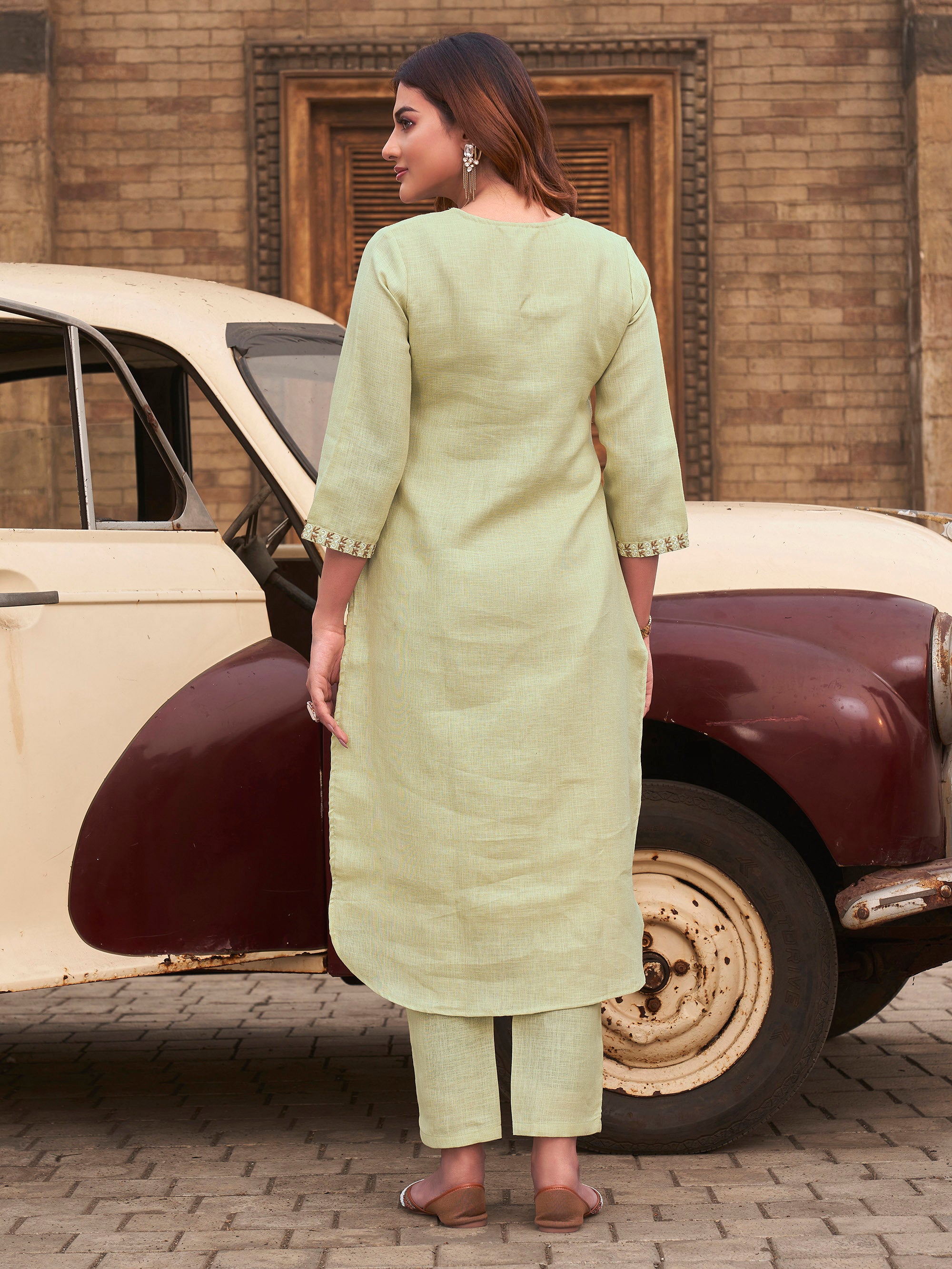 Pista Green color linen with contrast thread butterfly embroidered kurta and trouser co-ord set