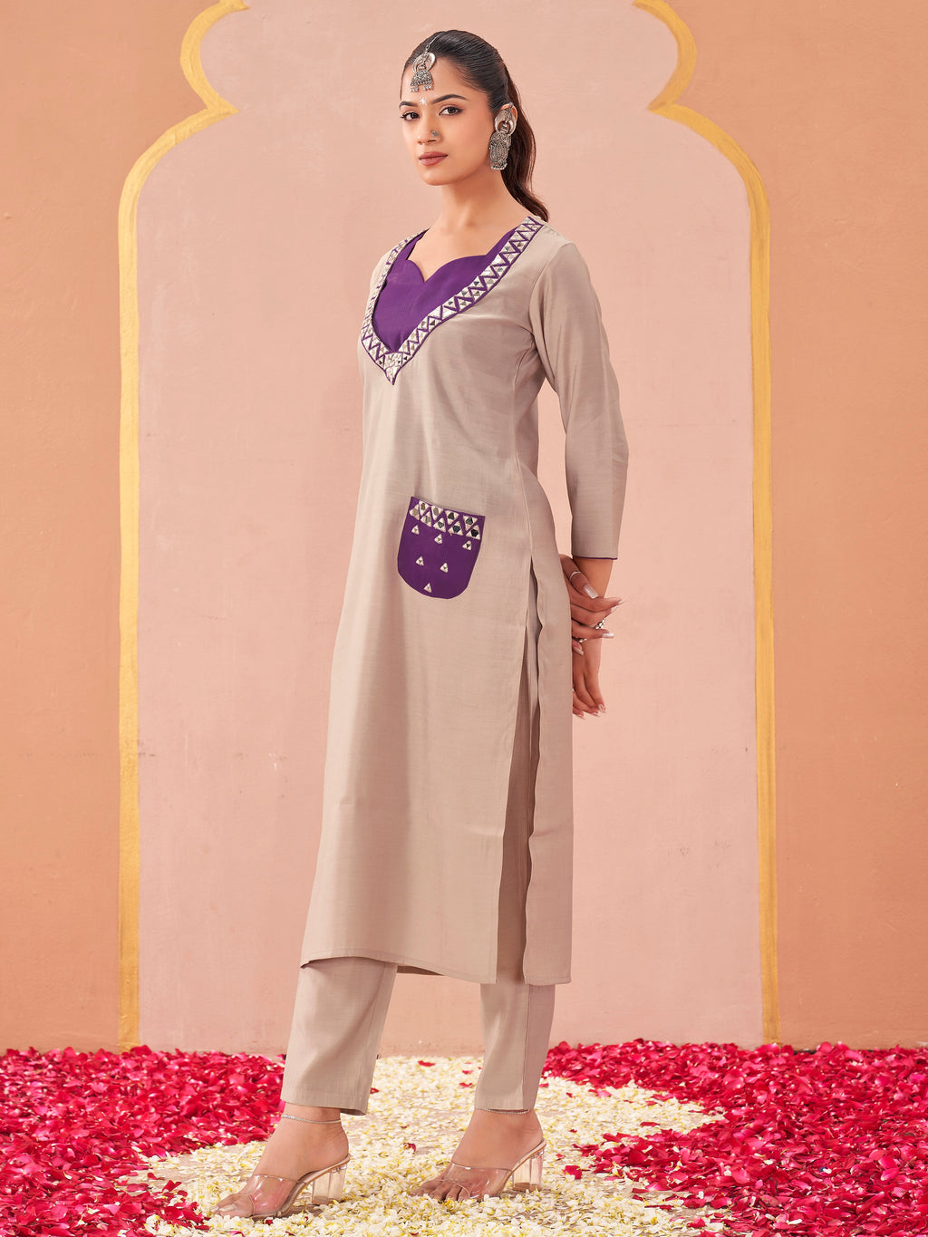 beige and taupe color silk blend with mirror patch work top and trouser co-ord set