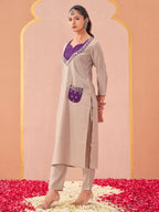 beige and taupe color silk blend with mirror patch work top and trouser co-ord set