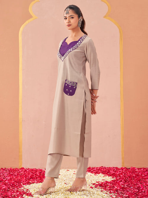 beige and taupe color silk blend with mirror patch work top and trouser co-ord set