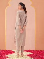 beige and taupe color silk blend with mirror patch work top and trouser co-ord set