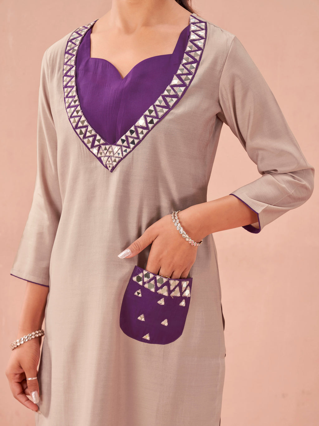 beige and taupe color silk blend with mirror patch work top and trouser co-ord set