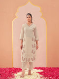off-white color linen with contrast thread butterfly embroidered kurta and trouser co-ord set