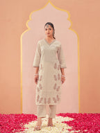 off-white color linen with contrast thread butterfly embroidered kurta and trouser co-ord set