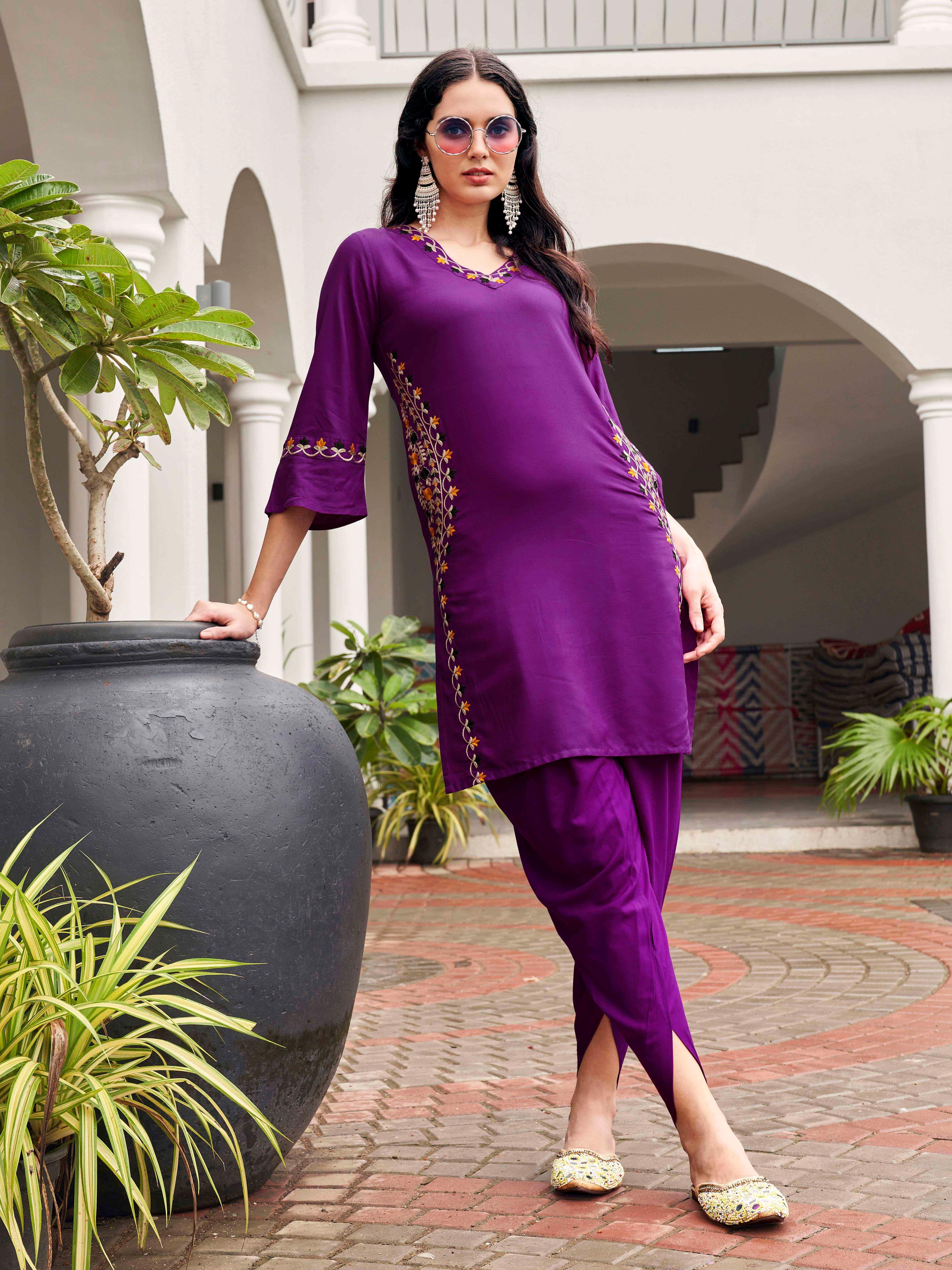 Purple colour multi thread embroidered tunic with dhoti coord set