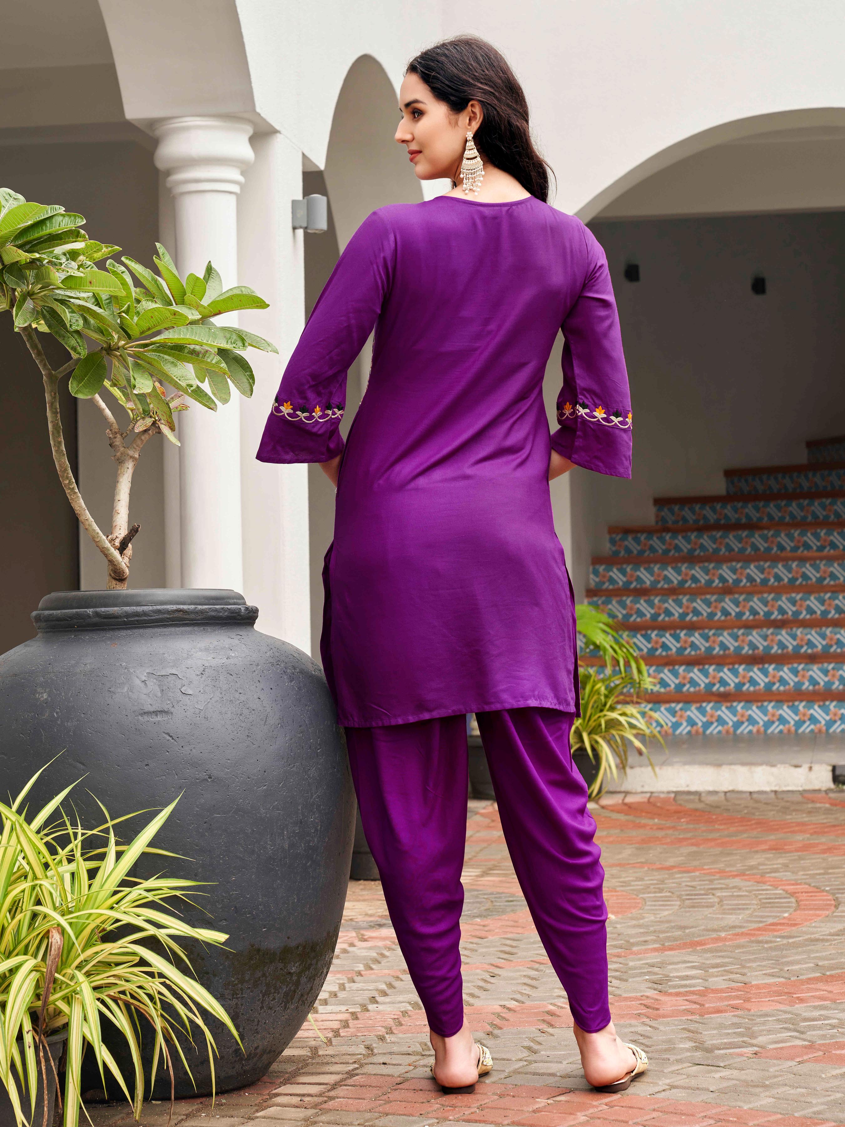 Purple colour multi thread embroidered tunic with dhoti coord set