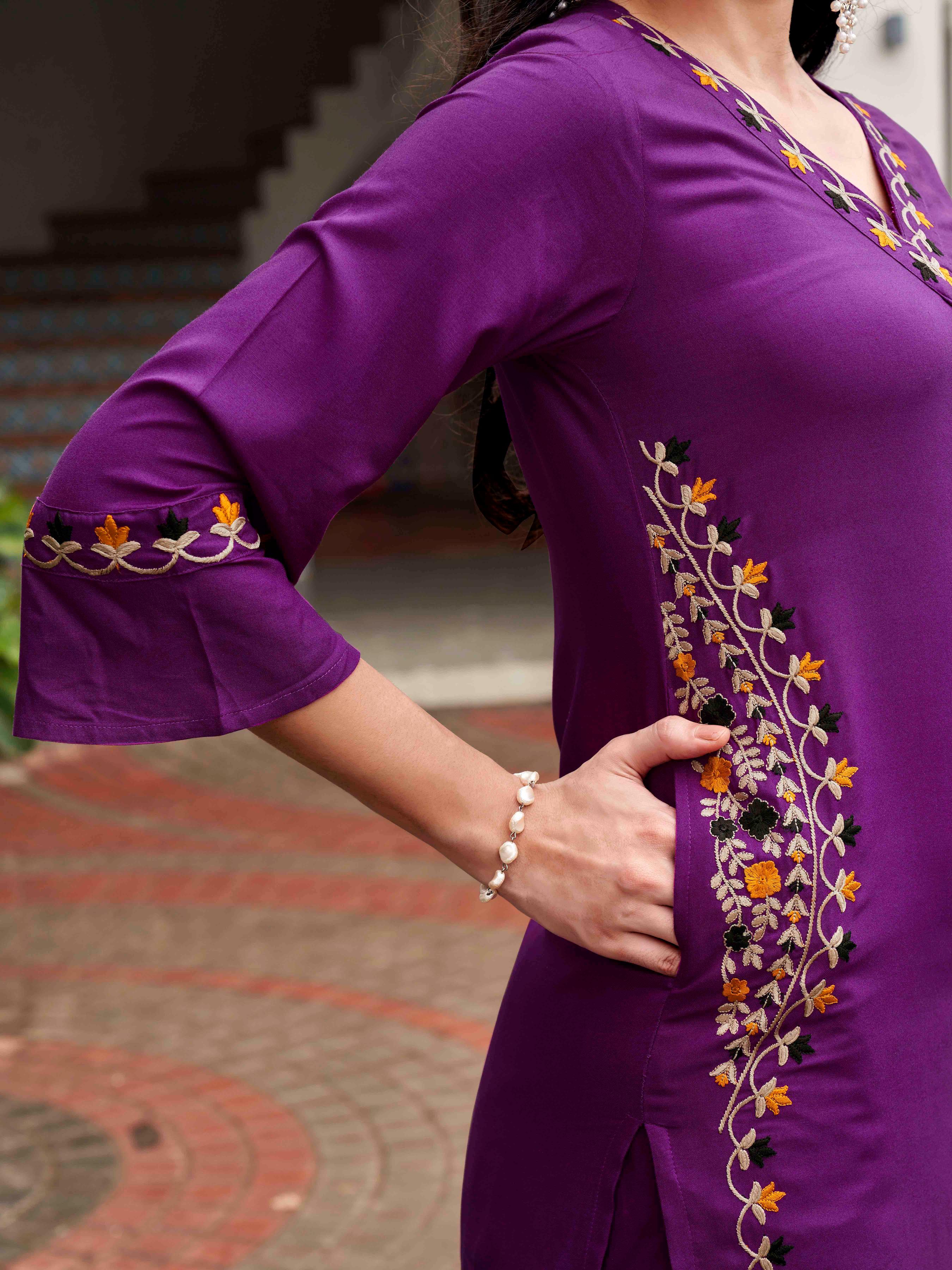 Purple colour multi thread embroidered tunic with dhoti coord set