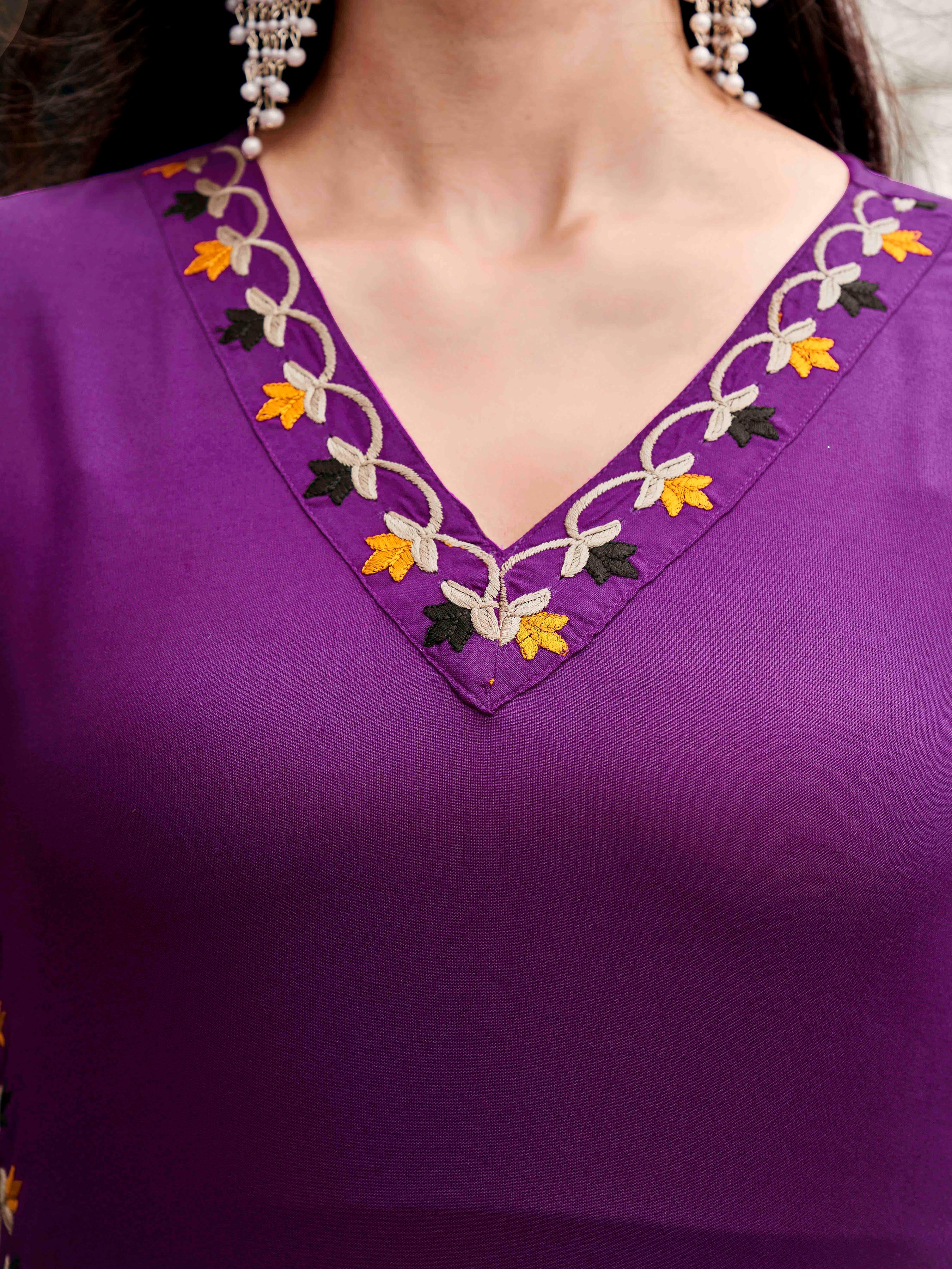 Purple colour multi thread embroidered tunic with dhoti coord set