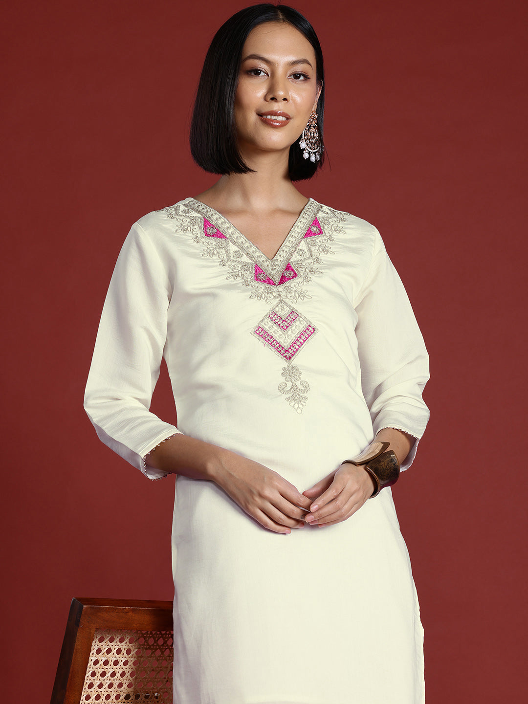 Off White & Magenta Silk Blend Contrast Embroidered Tunic With Dhoti Co-ord Set