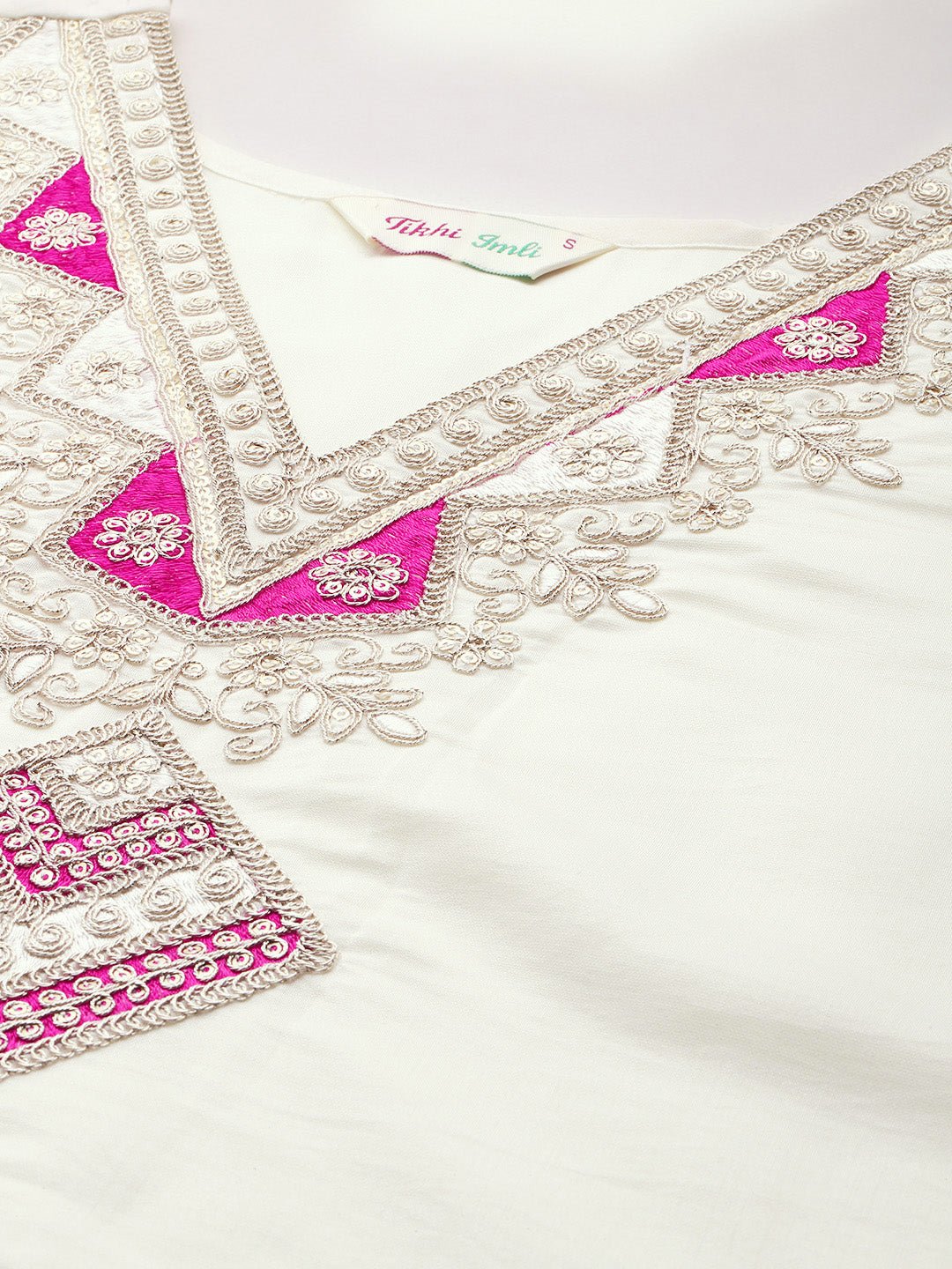 Off White & Magenta Silk Blend Contrast Embroidered Tunic With Dhoti Co-ord Set