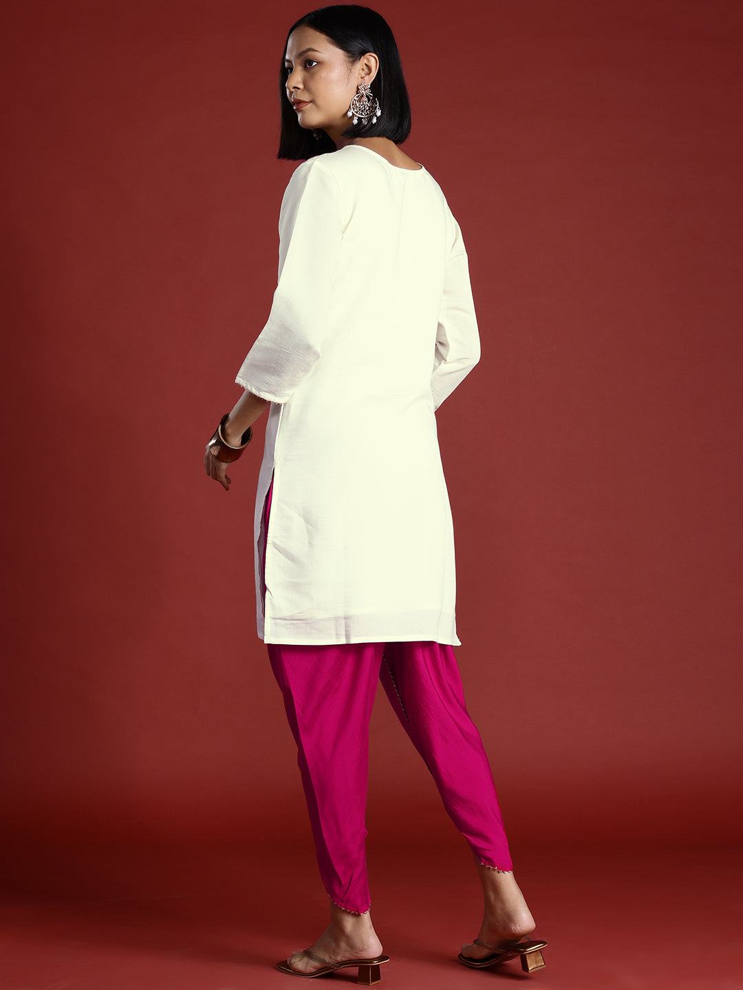 Off White & Magenta Silk Blend Contrast Embroidered Tunic With Dhoti Co-ord Set