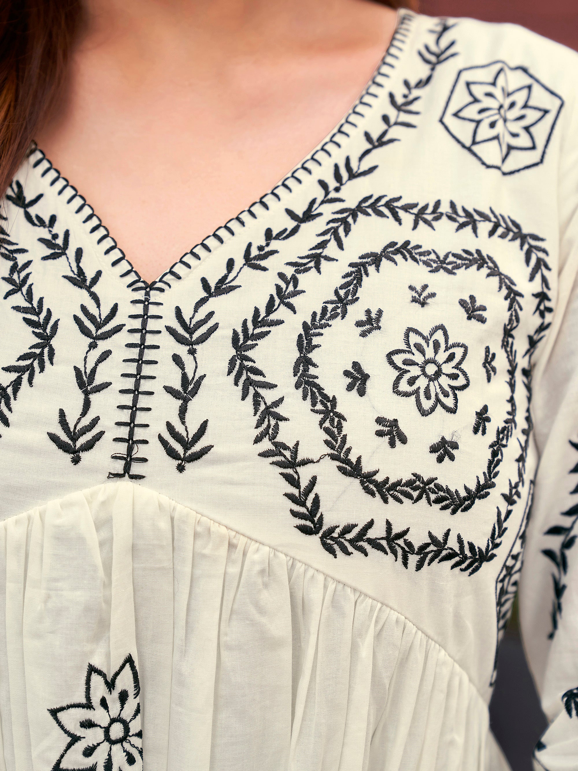 Off White color cotton with black thread embroidered tunic & trouser co-ord set