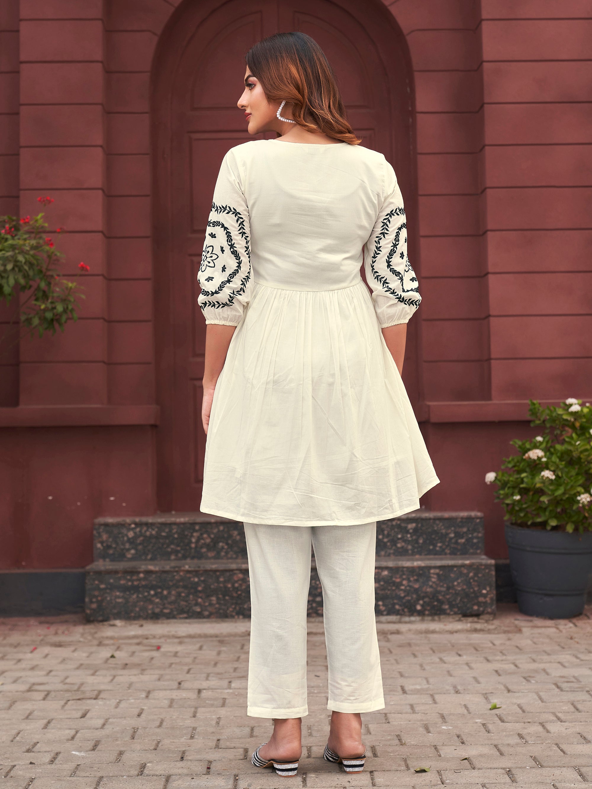 Off White color cotton with black thread embroidered tunic & trouser co-ord set