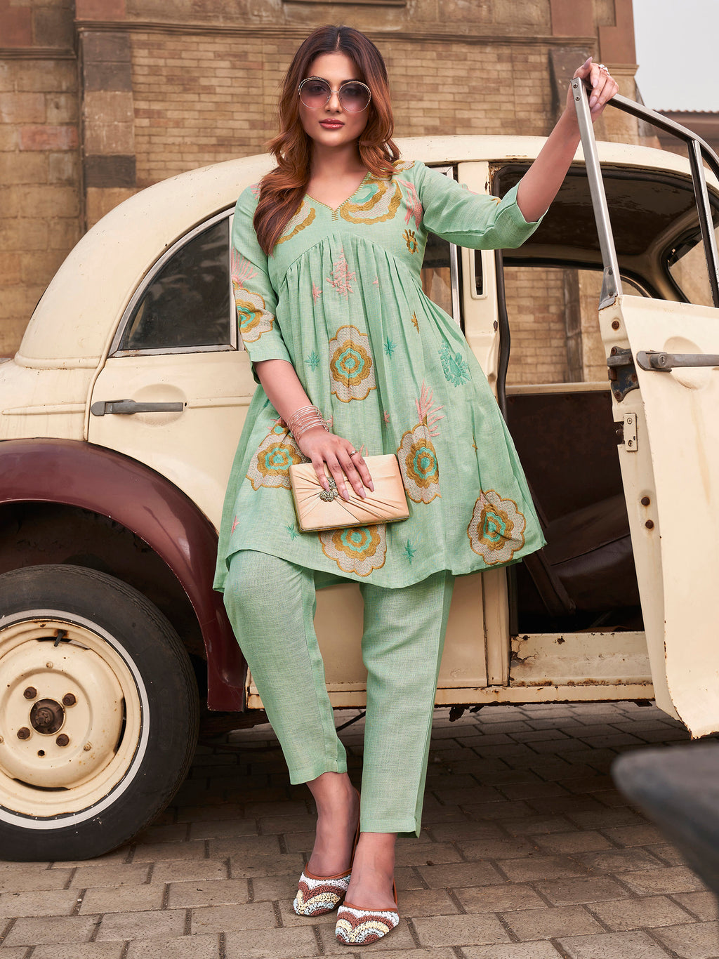 Sea Green color linen with contrast embroidered tunic & trouser co-ord set