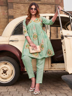Sea Green color linen with contrast embroidered tunic & trouser co-ord set