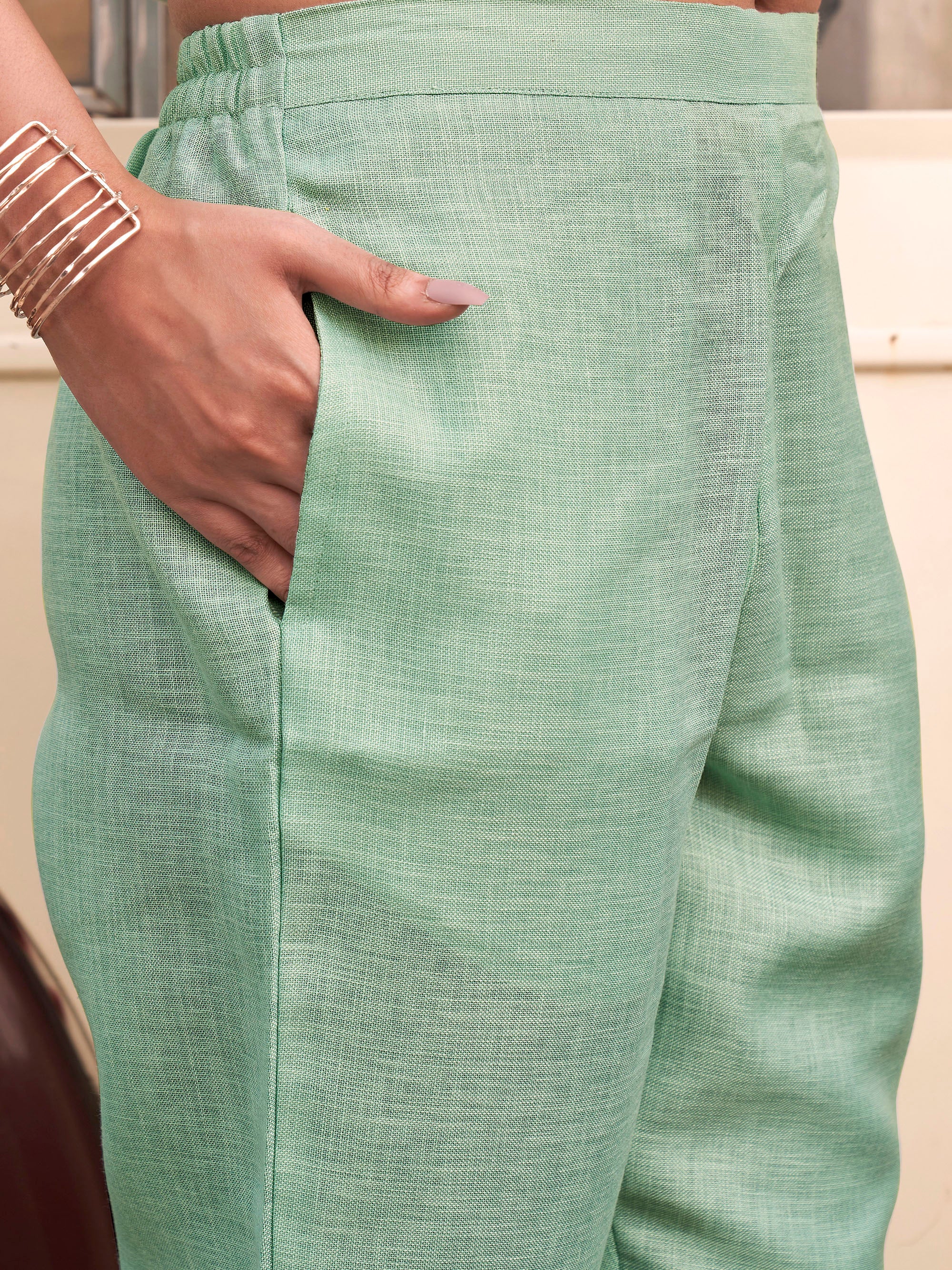 Sea Green color linen with contrast embroidered tunic & trouser co-ord set