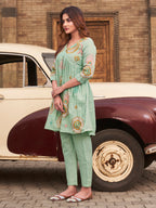 Sea Green color linen with contrast embroidered tunic & trouser co-ord set