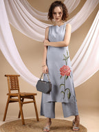 Pale Blue Color Rayon Placement Embroidered Sleeveless Kurta With Palazzo Co-ords Set