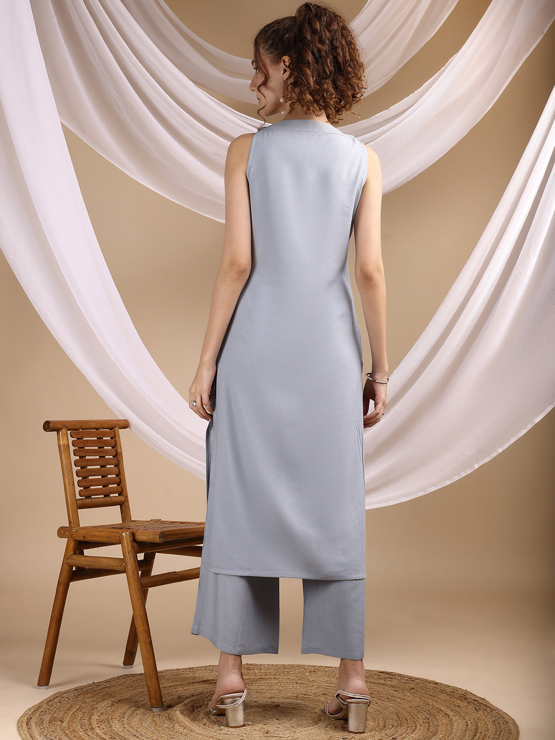 Pale Blue Color Rayon Placement Embroidered Sleeveless Kurta With Palazzo Co-ords Set