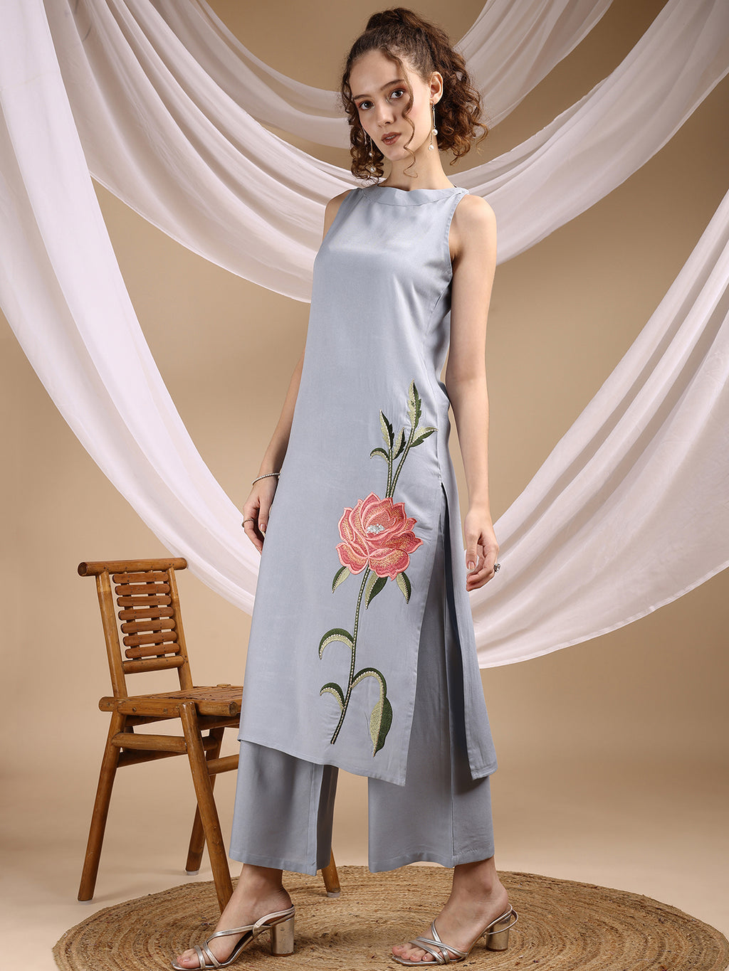 Pale Blue Color Rayon Placement Embroidered Sleeveless Kurta With Palazzo Co-ords Set