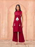 Red color rayon with thread embroidered halter neck tunic& plazzo co-ord set