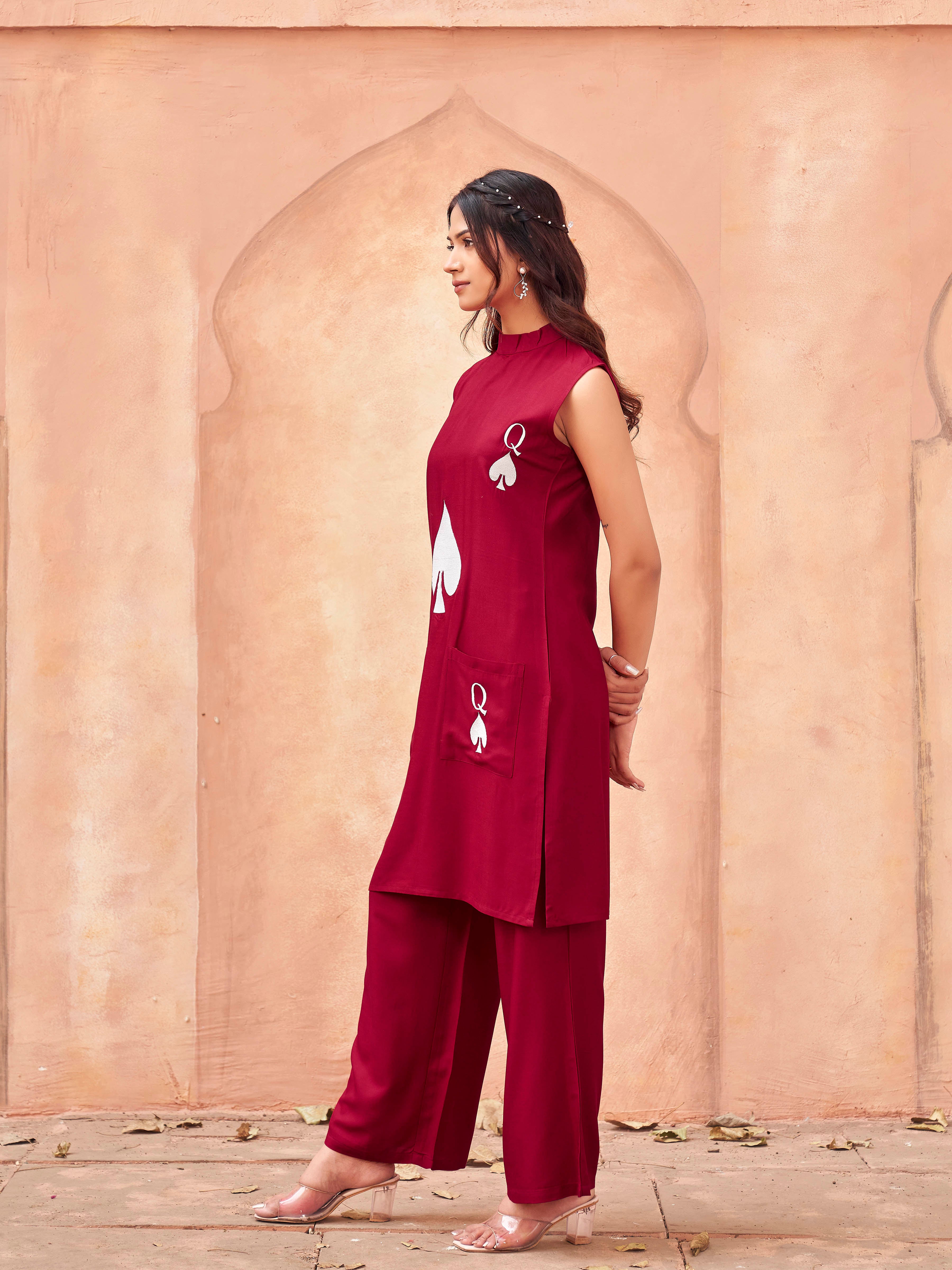 Red color rayon with thread embroidered halter neck tunic& plazzo co-ord set