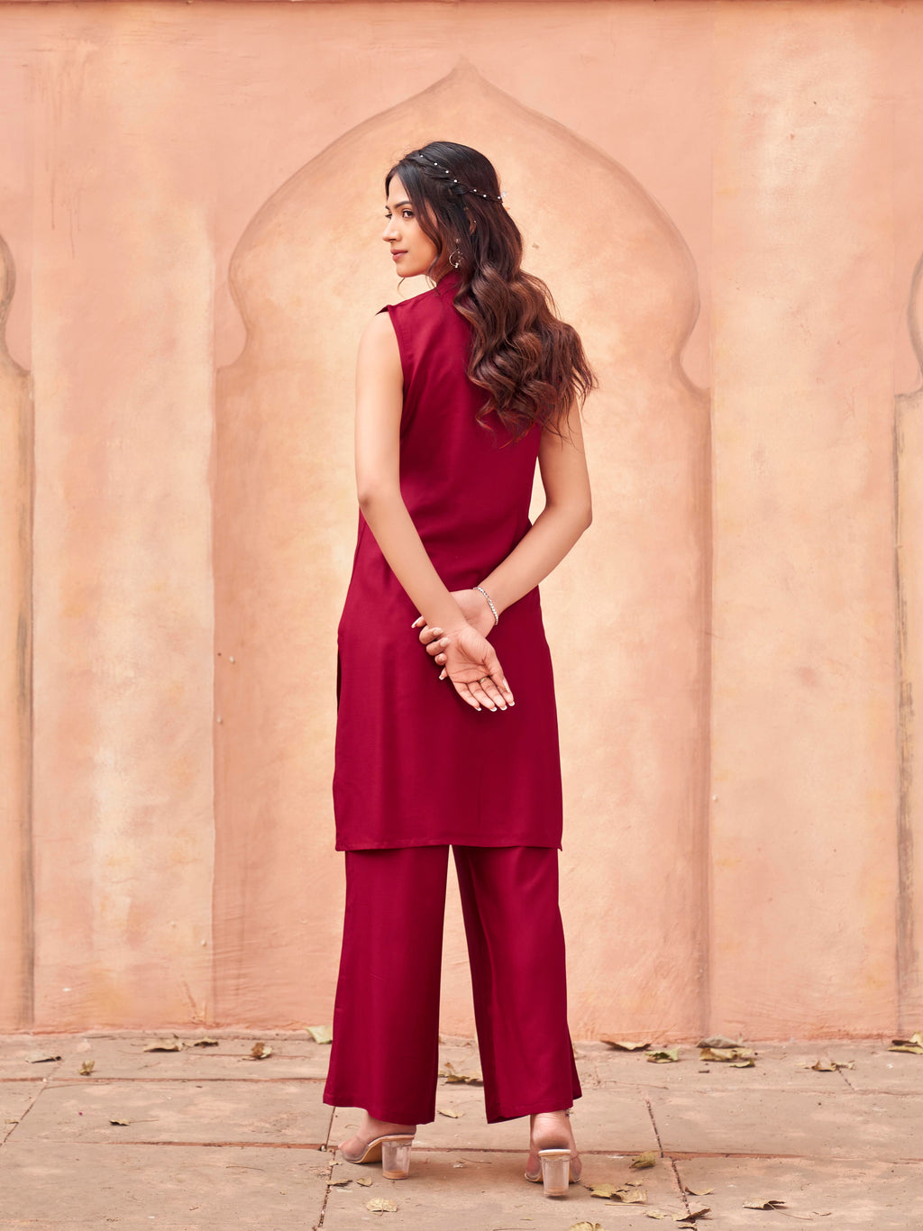 Red color rayon with thread embroidered halter neck tunic& plazzo co-ord set