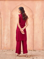 Red color rayon with thread embroidered halter neck tunic& plazzo co-ord set