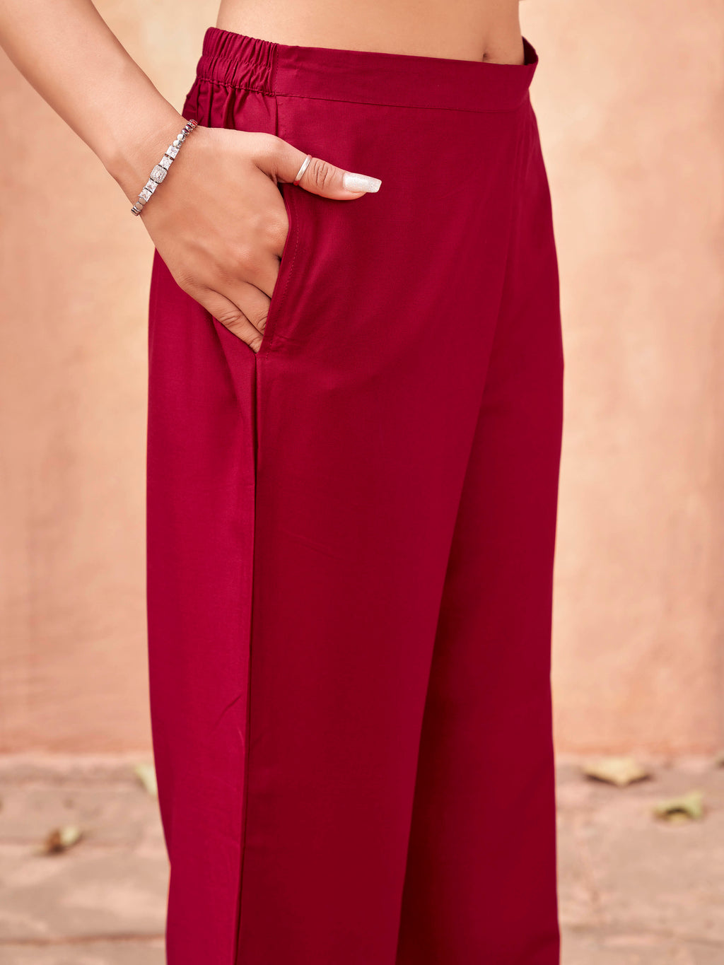 Red color rayon with thread embroidered halter neck tunic& plazzo co-ord set