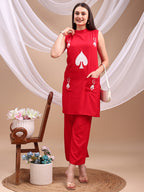Red Queen of Hearts Embroidered kurta with Pockets Co-ords Set