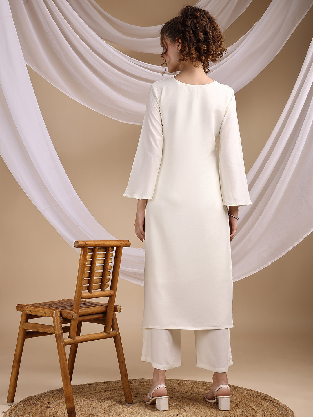 Off White Evil Eye Embroidered Rayon Co-ord Set