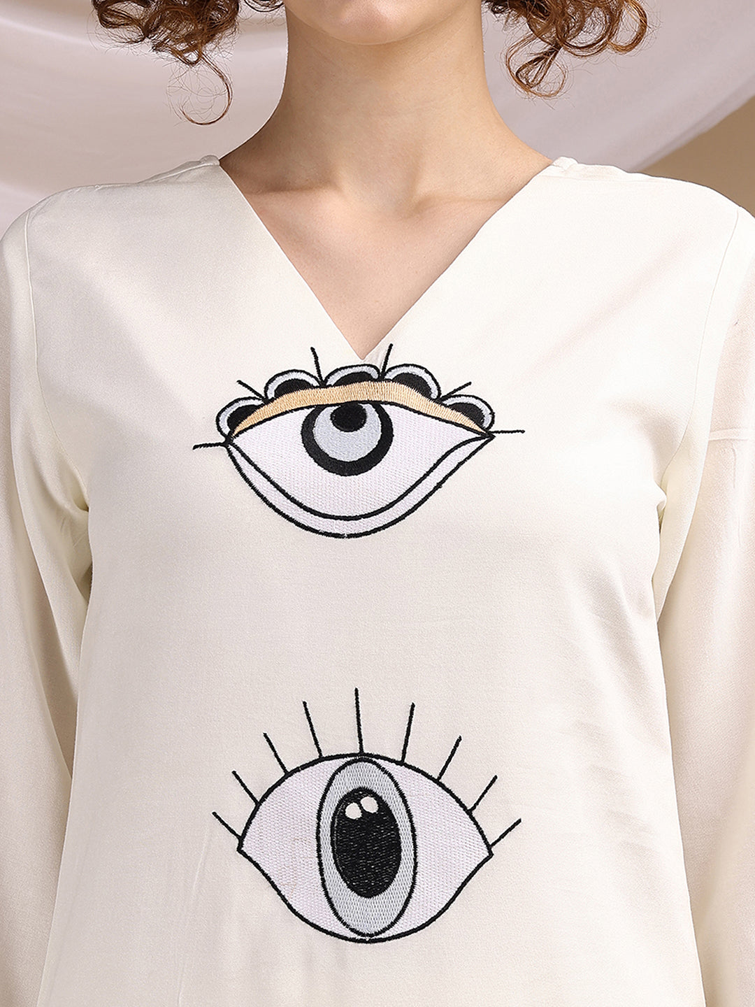 Off White Evil Eye Embroidered Rayon Co-ord Set