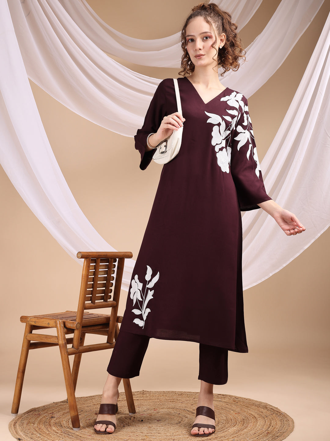 Plum Colored Placement Embroidered Rayon A-Line Kurta With Trousers Co-ords Set