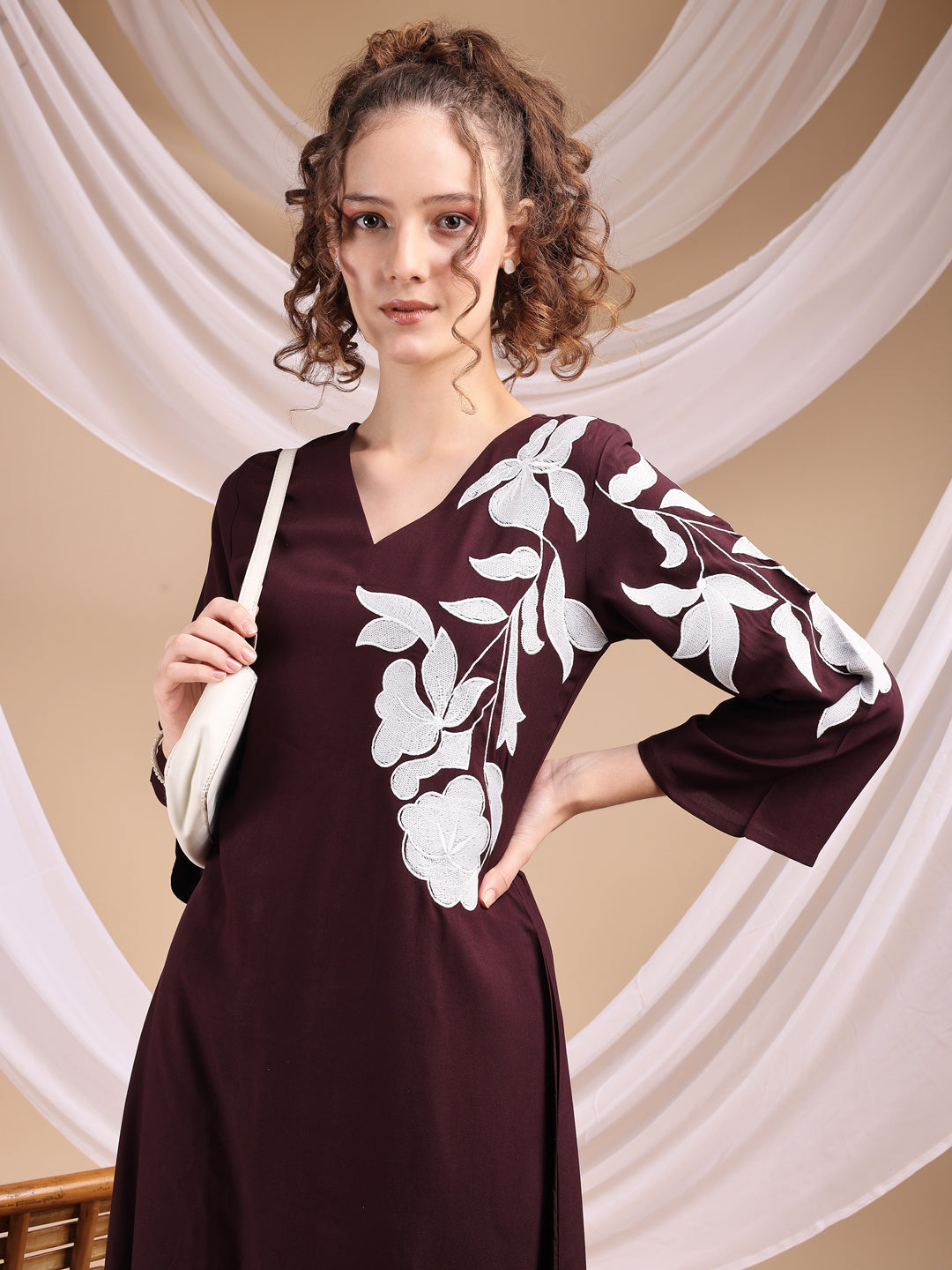 Plum Colored Placement Embroidered Rayon A-Line Kurta With Trousers Co-ords Set