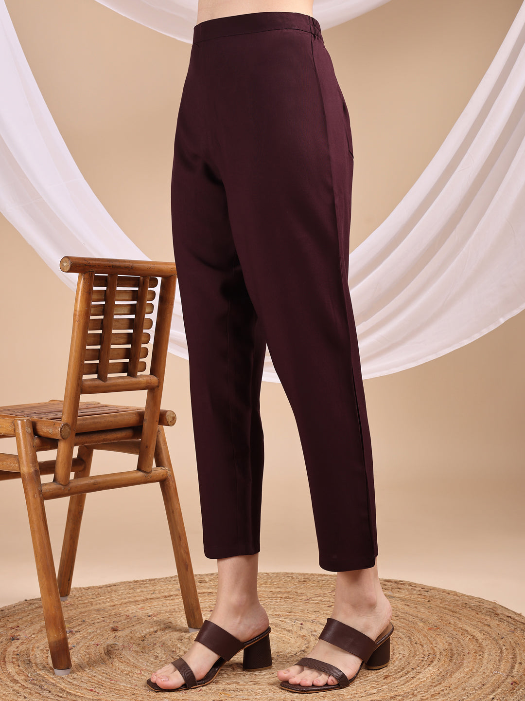 Plum Colored Placement Embroidered Rayon A-Line Kurta With Trousers Co-ords Set