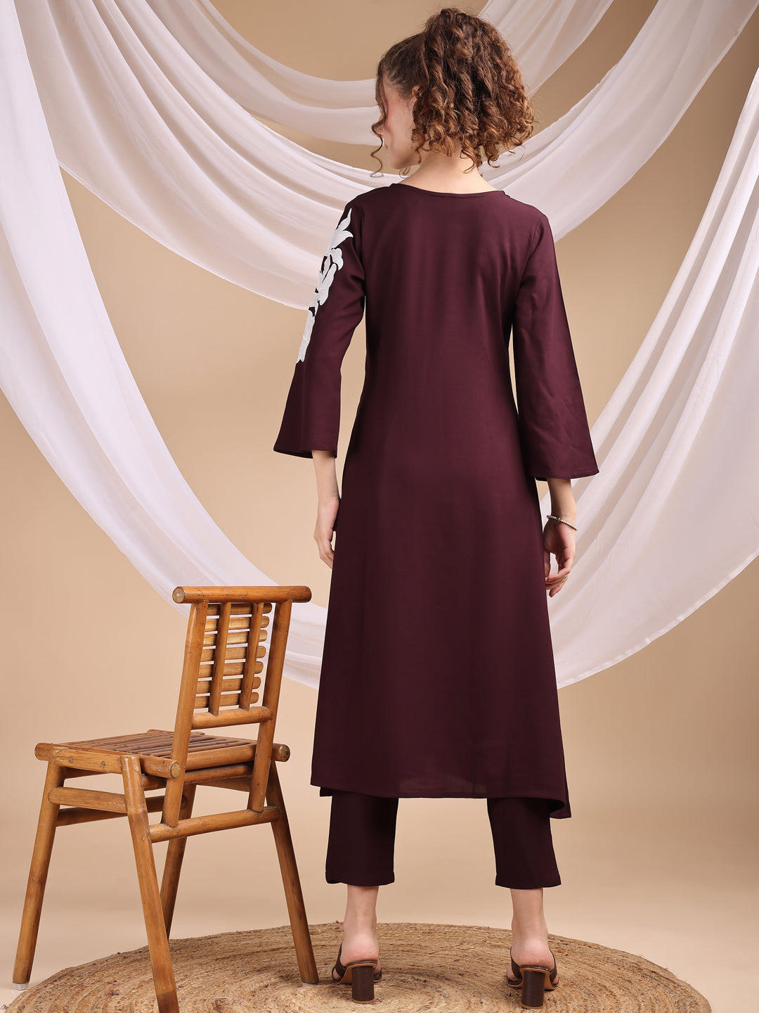 Plum Colored Placement Embroidered Rayon A-Line Kurta With Trousers Co-ords Set