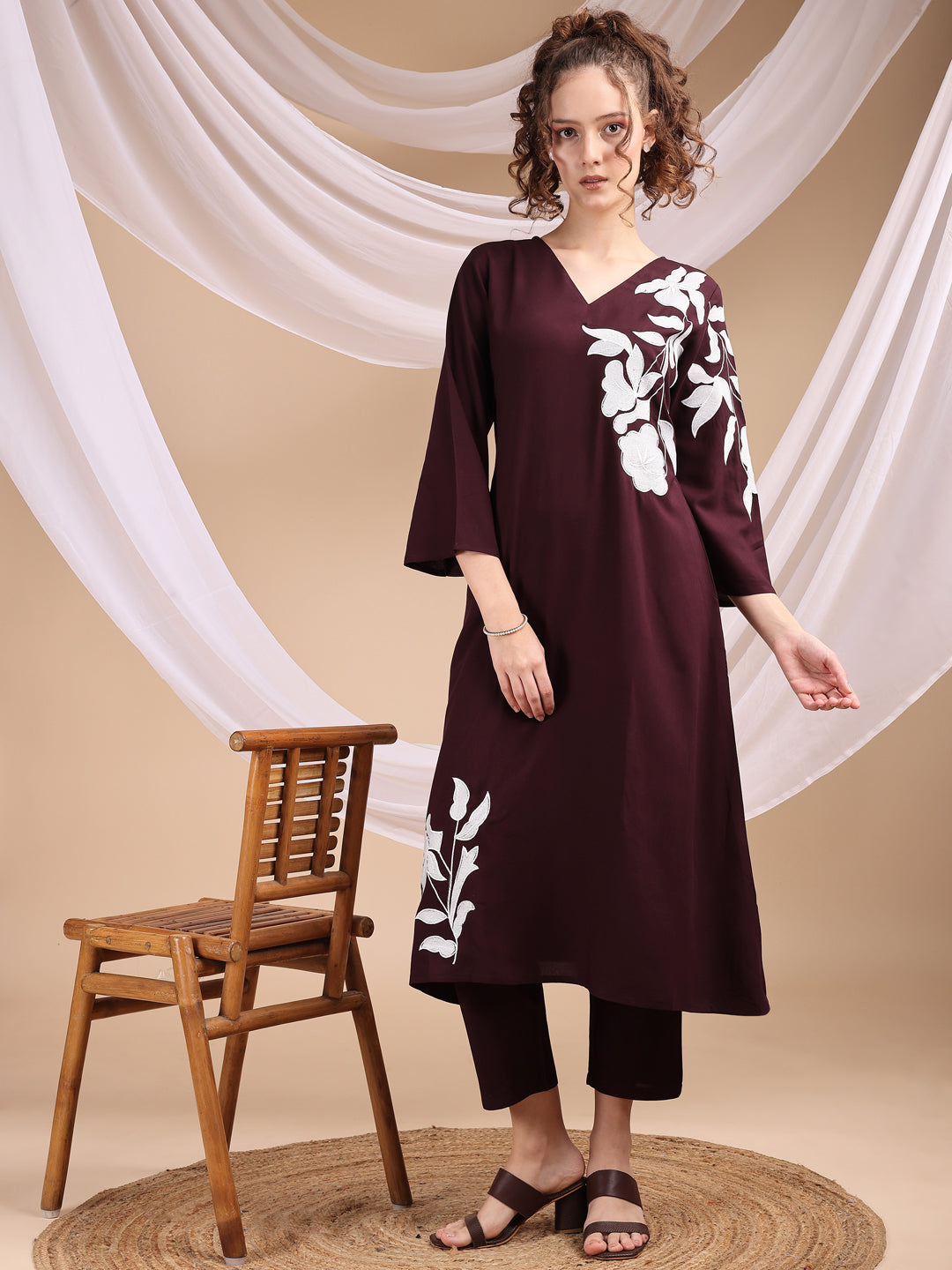 Plum Colored Placement Embroidered Rayon A-Line Kurta With Trousers Co-ords Set