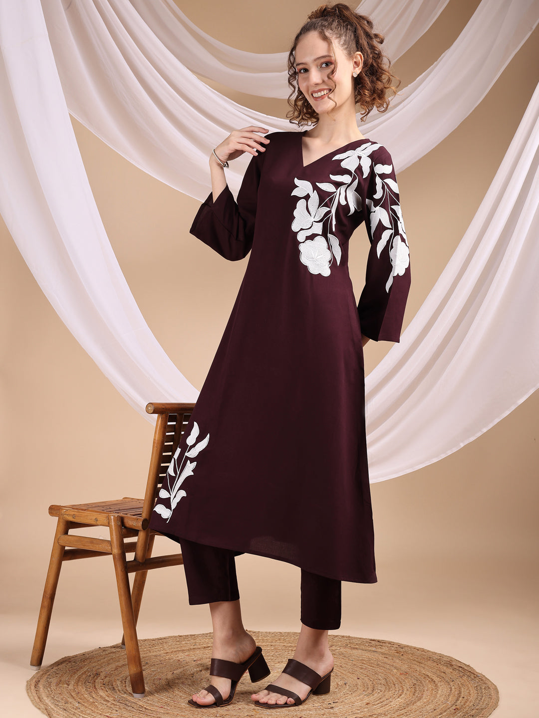 Plum Colored Placement Embroidered Rayon A-Line Kurta With Trousers Co-ords Set