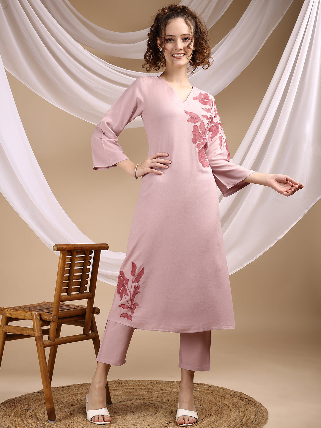 Dusty Pink Colored Placement Embroidered Rayon A-Line Kurta With Trousers Co-ords Set