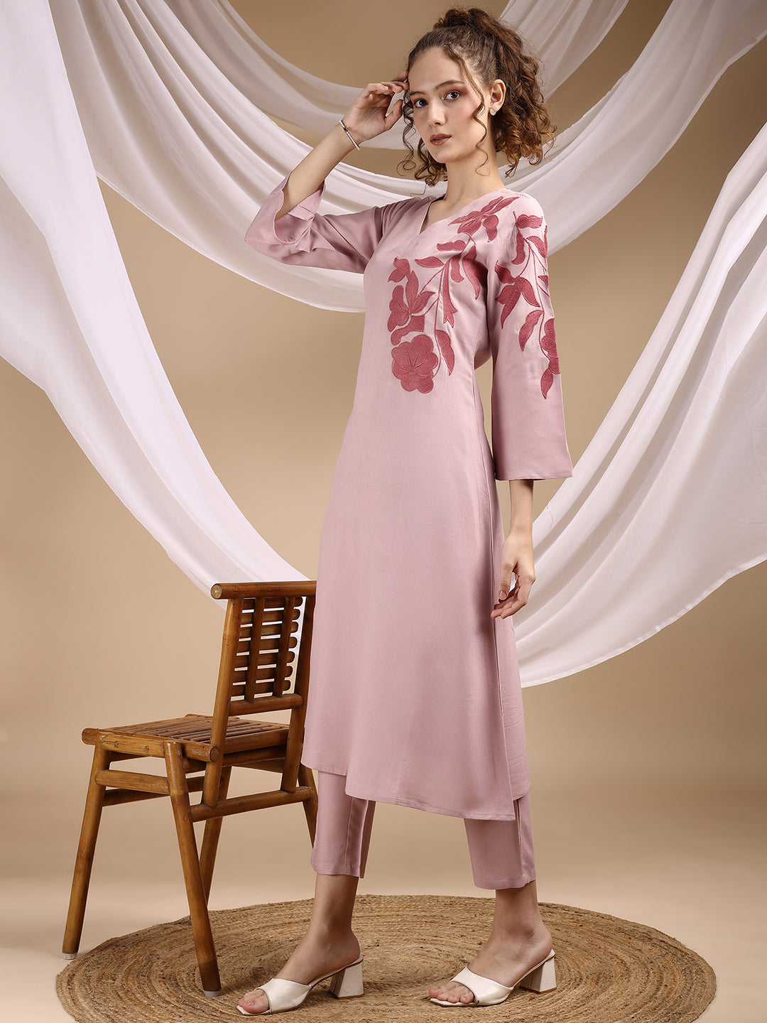 Dusty Pink Colored Placement Embroidered Rayon A-Line Kurta With Trousers Co-ords Set