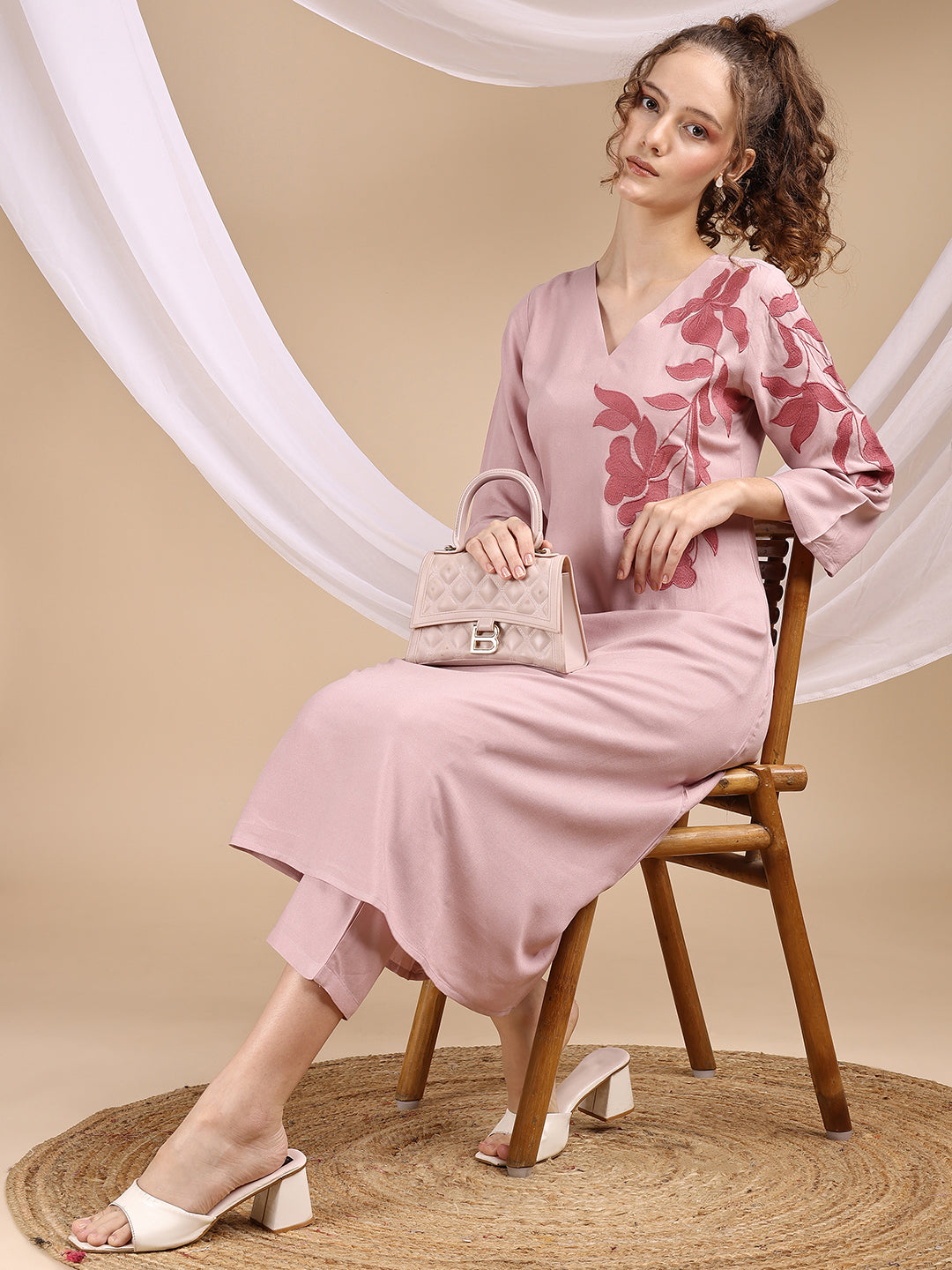 Dusty Pink Colored Placement Embroidered Rayon A-Line Kurta With Trousers Co-ords Set