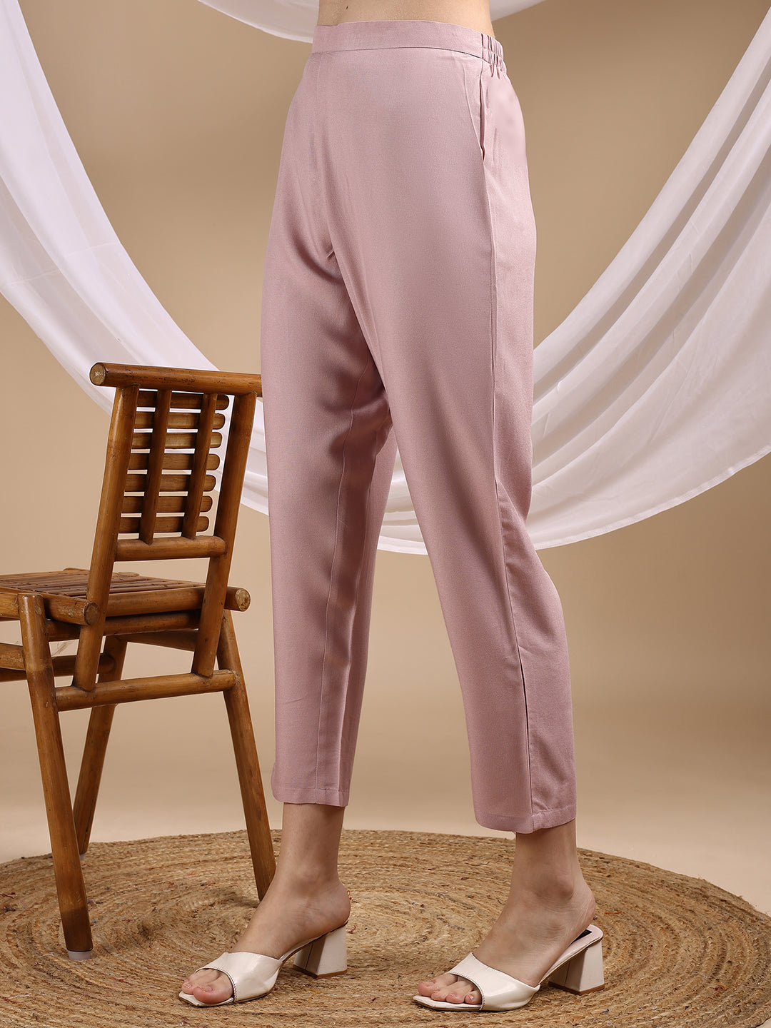Dusty Pink Colored Placement Embroidered Rayon A-Line Kurta With Trousers Co-ords Set