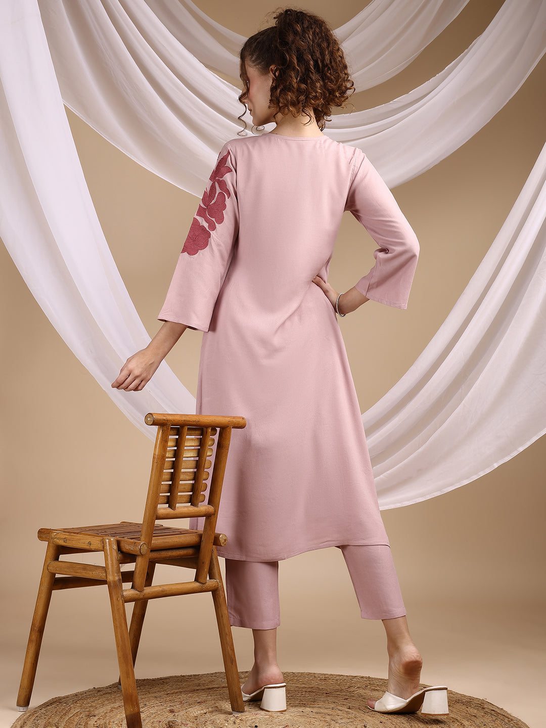 Dusty Pink Colored Placement Embroidered Rayon A-Line Kurta With Trousers Co-ords Set