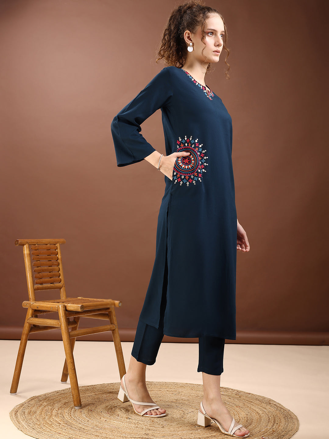 Teal Blue Colored Placement Embroidered Rayon A-Line Kurta With Trousers Co-ords Set