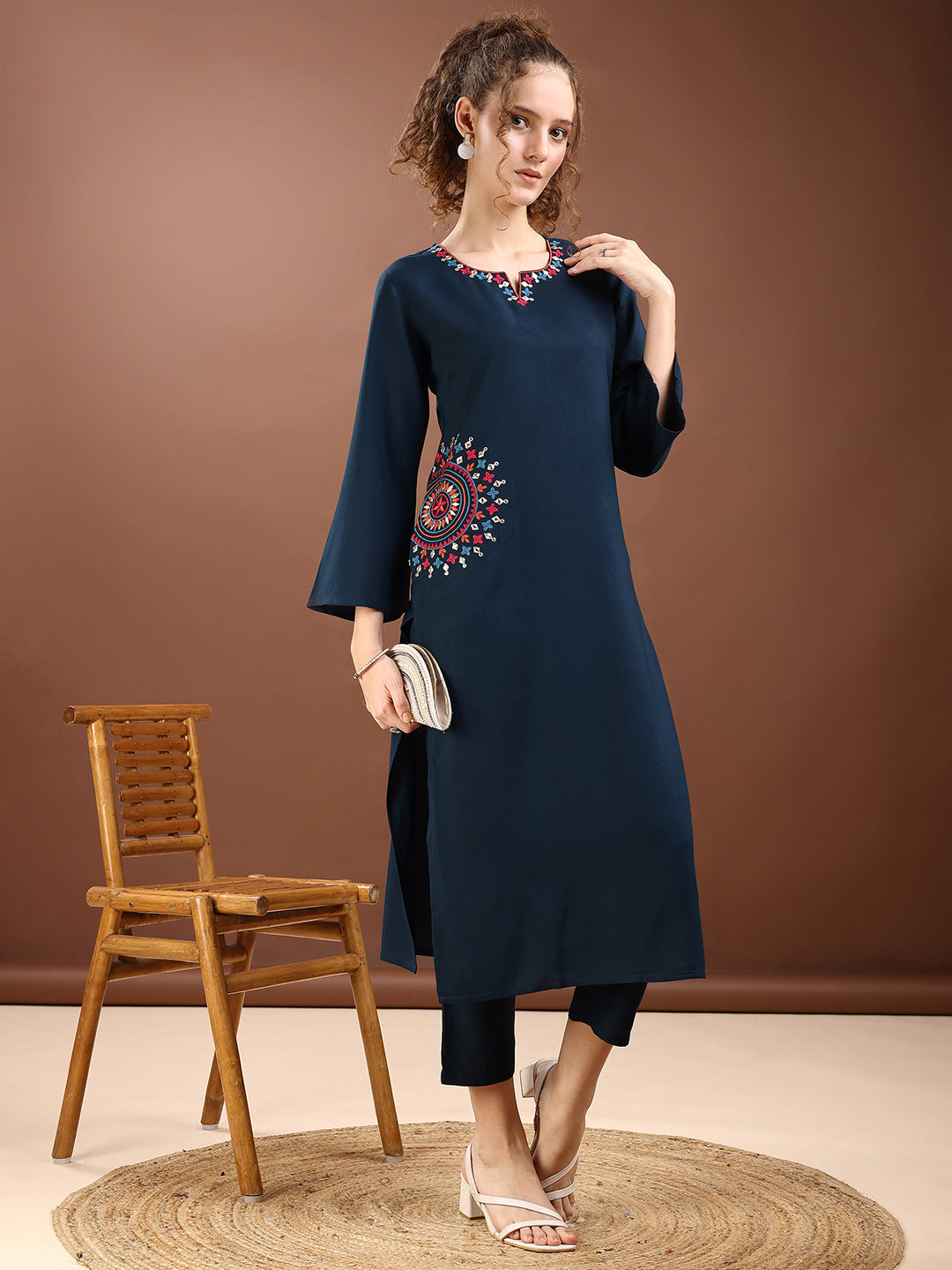 Teal Blue Colored Placement Embroidered Rayon A-Line Kurta With Trousers Co-ords Set
