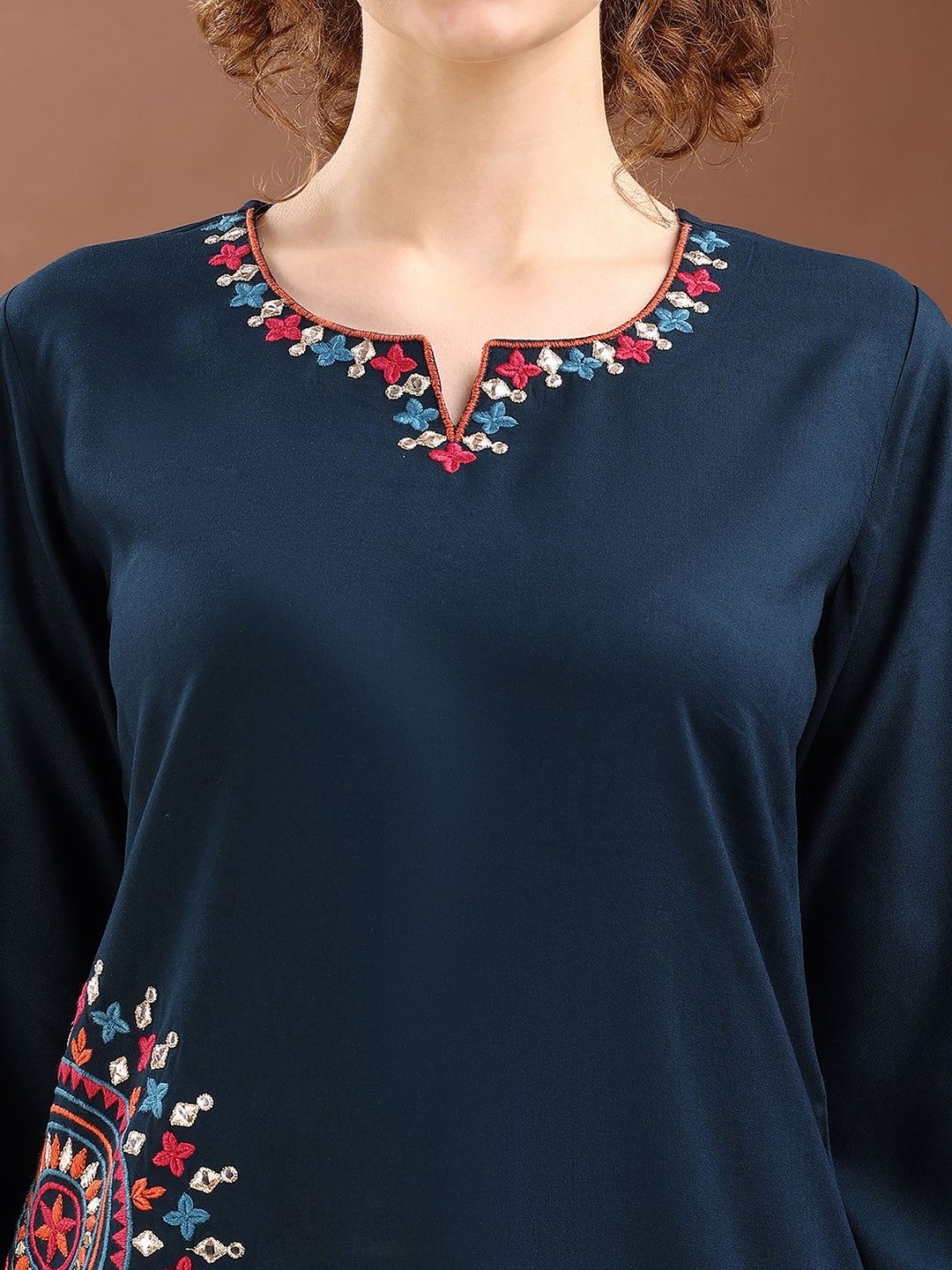 Teal Blue Colored Placement Embroidered Rayon A-Line Kurta With Trousers Co-ords Set