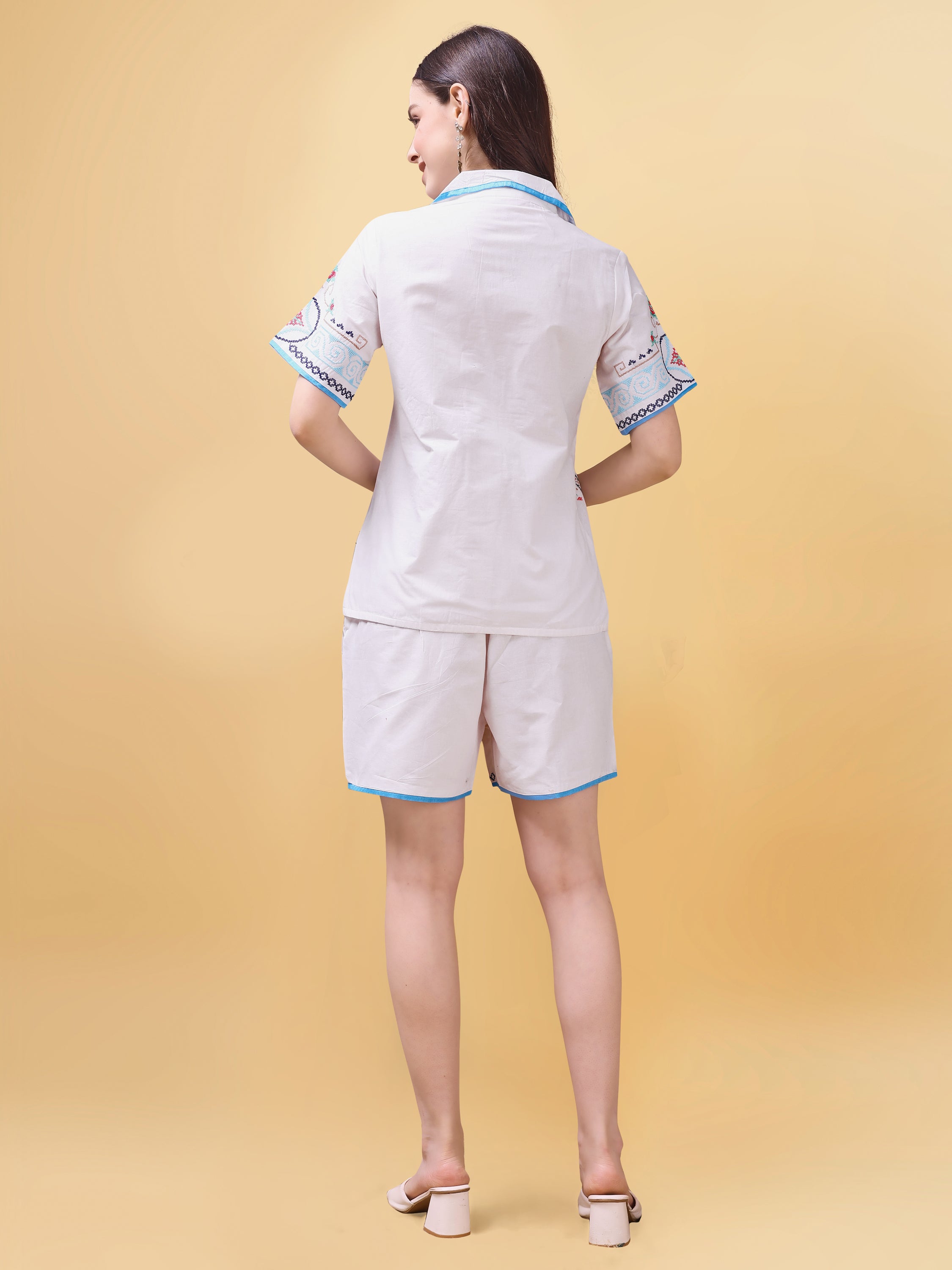 Tikhi Imli White color pure cotton with multi thread embroidered shirt and shorts Co-ord Set