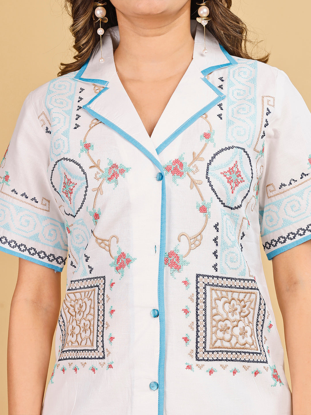 Tikhi Imli White color pure cotton with multi thread embroidered shirt and shorts Co-ord Set