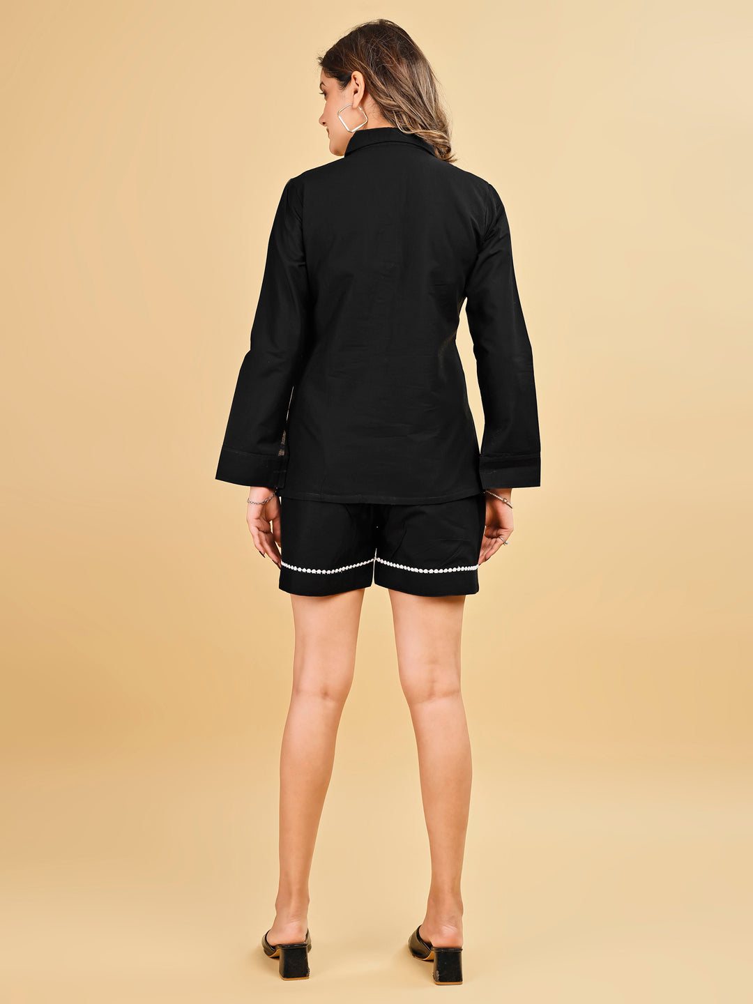 Tikhi Imli Black color pure cotton with white thread embroidery shirt and shorts Co-ord Set