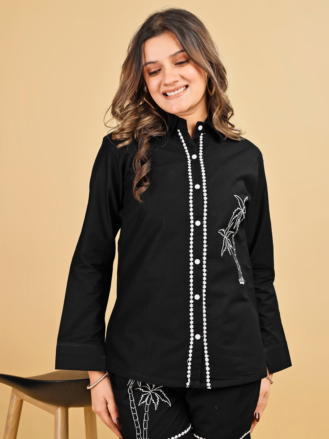 Tikhi Imli Black color pure cotton with white thread embroidery shirt and shorts Co-ord Set